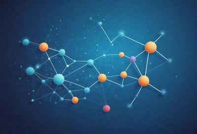 The primary subject of the image is a blue background with a network of lines and spheres. The lines are white, and the spheres are colored in various shades of blue, orange, and pink. The visual style of the image is digital art, as it appears to be a computer-generated or digitally created design. The overall atmosphere of the image is vibrant and dynamic, with the colorful spheres and lines creating a sense of movement and energy.