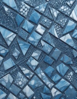 The primary subject of the image is a blue tile with a pattern of triangles and diamonds. The setting is a blue background, and the visual style appears to be a digital art or illustration. The dominant colors are blue and white, creating a calm and soothing atmosphere.