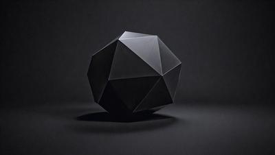 The primary subject of the image is a black and white geometric shape, which appears to be a black sphere. The setting is a dark background, which contrasts with the shape. The visual style is a combination of a photo and digital art, creating a unique and intriguing image. The colors and mood are predominantly dark and moody, with the black and white color scheme adding to the overall atmosphere.