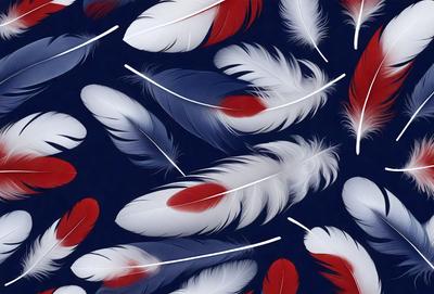 The primary subject of the image is a pattern of white and red feathers. The setting is a blue background, which creates a striking contrast with the feathers. The visual style is a combination of photo and digital art, as the feathers are arranged in a visually appealing manner. The dominant colors are red and white, creating a bold and eye-catching pattern.