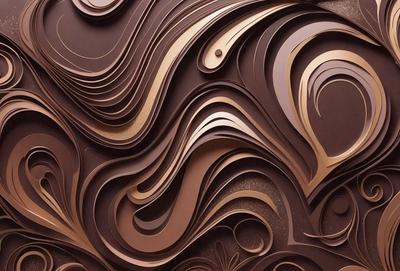 The primary subject of the image is a chocolate sculpture, which is a piece of art made from chocolate. The setting is a close-up view of the sculpture, showcasing its intricate details. The visual style is a combination of digital art and illustration, as the chocolate sculpture appears to be a digital creation. The colors and mood of the image are predominantly brown, giving it a warm and rich atmosphere.