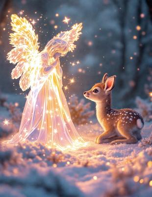 Primary subject: Angel
Setting/background: Snowy forest
Visual style: Digital art
Colors and mood: White, purple, and blue