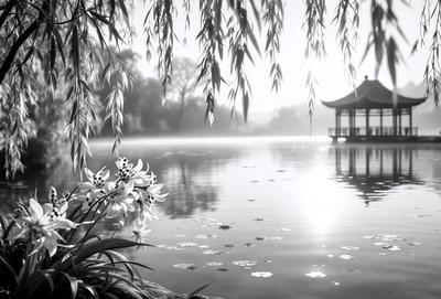 The primary subject of the image is a beautiful white flower, which is the main focus of the scene. The setting is a serene pond with a pagoda in the background, creating a peaceful and picturesque atmosphere. The visual style of the image is a black and white photo, which adds a timeless and classic feel to the scene. The dominant colors are white and black, with the white flower being the most prominent element in the image.