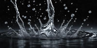 The primary subject of the image is a splash of water, which is the main focus of the scene. The water is captured in mid-air, creating a dynamic and visually appealing moment. The setting is a dark background, which contrasts with the brightness of the water splash. The visual style of the image is a combination of photo and digital art, as it captures the motion of the water and the details of the splash. The colors and mood of the image are predominantly dark, with the bright