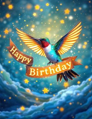 The primary subject of the image is a colorful bird, possibly a hummingbird, with a birthday sign on its wing. The bird is flying in front of a blue and white background, which adds to the overall mood of the scene. The visual style of the image is a combination of digital art and illustration, creating a vibrant and lively atmosphere. The colors and mood of the image are predominantly blue and white, with a hint of green, giving it a celebratory and joyful feel.