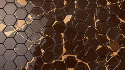 The primary subject of the image is a close-up of a marble tile with a pattern of hexagons. The setting is a wall, and the visual style is a photo. The dominant colors are brown and gold, giving the image a warm and natural atmosphere.