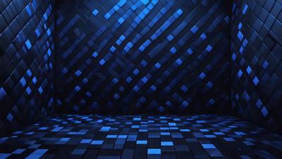 The primary subject of the image is a blue wall with a pattern of blue squares. The setting is a dark room, and the visual style appears to be a digital art or illustration. The dominant colors are blue, and the overall atmosphere is calm and serene.
