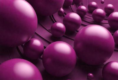 The primary subject of the image is a purple background with a pattern of purple and white balls. The setting is a purple background with a pattern of purple and white balls. The visual style is digital art, as the balls are arranged in a visually appealing manner. The colors and mood of the image are predominantly purple, creating a calm and soothing atmosphere.