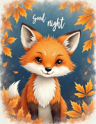 The primary subject of the image is a cute, smiling fox. The setting is a forest, with a blue background and a few leaves scattered around. The visual style is a digital art illustration, featuring a fox with a pink nose and a white whisker. The colors and mood are warm and inviting, with the fox's bright eyes and the blue background creating a sense of calm and tranquility.