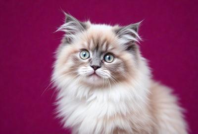 The primary subject of the image is a fluffy, white, and gray cat with big ears. The cat is sitting on a purple background, which adds a contrasting color to the scene. The visual style of the image is a close-up of the cat, showcasing its features and expression. The colors and mood of the image are predominantly purple and calm, creating a serene atmosphere.
