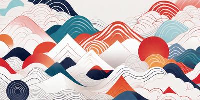 The primary subject of the image is a mountainous landscape, featuring a large mountain with a red and blue color scheme. The setting is a cloudy sky, which adds to the overall atmosphere of the scene. The visual style of the image is a combination of digital art and illustration, creating a unique and eye-catching design. The dominant colors in the image are red, blue, and white, which contribute to the overall mood of the scene.