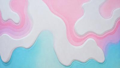 The primary subject of the image is a colorful, abstract art piece featuring a mix of pink, blue, and white colors. The setting is a white wall, and the visual style appears to be a combination of digital art and illustration. The artwork creates a vibrant and lively atmosphere, with the colors and patterns creating a sense of movement and energy.