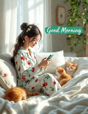 The primary subject of the image is a woman sitting on a bed, holding a cell phone. The setting is a cozy bedroom, with a potted plant in the background and a clock on the wall. The visual style is a photo, capturing the woman's interaction with her phone. The colors in the image are predominantly white, giving it a calm and peaceful atmosphere.