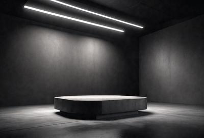 The primary subject of the image is a white, square-shaped object, possibly a table or a bench, placed in a dark room. The setting is a black room with a concrete floor, and the visual style appears to be a black and white photo. The colors and mood of the image are predominantly dark and moody, with the white object standing out against the black background.