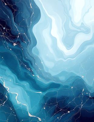 The primary subject of the image is a blue and white ocean scene. The setting is a vast expanse of water, with a few stars visible in the background. The visual style is a combination of digital art and illustration, creating a unique and captivating representation of the ocean. The dominant colors are blue and white, with a few other colors present in the scene. The overall atmosphere is serene and calming, as the viewer is drawn into the depths of the ocean.