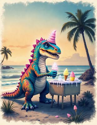 Primary subject: A dinosaur holding a plate with ice cream.

Setting/background: A beach setting with palm trees in the background.

Visual style: Digital art.

Colors and mood: The colors are vibrant and lively, with a fun and playful atmosphere.
