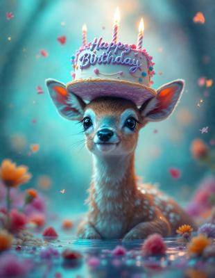 The primary subject of the image is a deer with a birthday cake on its head. The deer is sitting in a field of flowers, which adds a vibrant and colorful backdrop to the scene. The visual style of the image is a combination of photo and digital art, creating a unique and whimsical illustration. The dominant colors in the image are pink and purple, which contribute to a cheerful and celebratory mood.