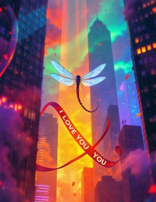 The primary subject of the image is a dragonfly, which is depicted in a colorful and artistic manner. The dragonfly is flying in front of a cityscape, which serves as the setting and background of the image. The visual style of the image is a combination of digital art and illustration, creating a vibrant and lively atmosphere. The dominant colors in the image are red, white, and blue, which contribute to the overall mood of the scene.