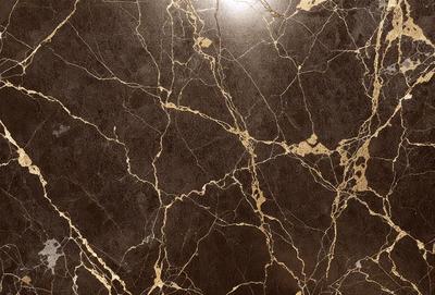 The primary subject of the image is a marble wall with a gold-colored pattern. The setting is a room with a brown marble floor. The visual style is a close-up of the marble wall, showcasing its intricate design. The colors and mood of the image are warm and luxurious, with the gold pattern and brown marble creating a sense of sophistication and elegance.