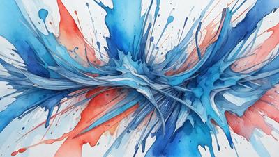 The primary subject of the image is a painting or drawing of a blue and red swirl, with a blue and red background. The visual style appears to be a combination of digital art and illustration, as the colors and mood are vibrant and dynamic. The setting or background is a white surface, which provides a clean and uncluttered backdrop for the artwork.