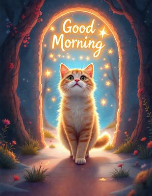 Primary subject: A cat standing in front of a doorway.

Setting/background: The cat is standing in front of a doorway, which is illuminated by a bright light. The background features a forest-like setting.

Visual style: The image is a digital art illustration.

Colors and mood: The image is predominantly orange and yellow, creating a warm and inviting atmosphere.