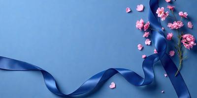 The primary subject of the image is a blue ribbon with pink flowers on it. The ribbon is winding around a blue surface, creating a visually appealing and elegant presentation. The setting appears to be a studio or a controlled environment, as the ribbon is neatly arranged and the flowers are carefully placed. The visual style of the image is a combination of digital art and illustration, as the ribbon and flowers are skillfully rendered and the overall composition is well-balanced and aesthetically pleasing. The