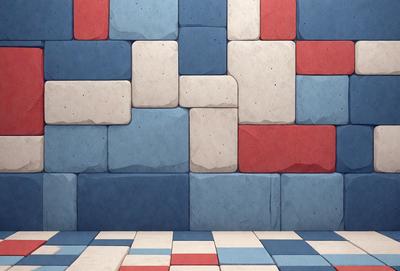The primary subject of the image is a large, colorful brick wall. The setting is a room with a blue and red checkered floor. The visual style is a combination of digital art and illustration, creating a vibrant and lively atmosphere. The dominant colors are blue, red, and white, with the blue and red checkered floor adding a playful touch to the overall mood.