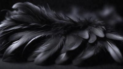 The primary subject of the image is a black bird wing. The wing is spread out, covering a significant portion of the image. The setting is a dark background, which contrasts with the black bird wing. The visual style is a close-up of the bird wing, showcasing its details. The colors and mood of the image are predominantly dark, with the black bird wing being the focal point.