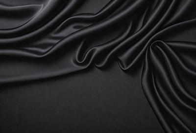 The primary subject of the image is a black fabric, possibly a piece of silk, with a smooth and shiny texture. The setting is a dark background, which emphasizes the fabric's richness and texture. The visual style is a close-up of the fabric, showcasing its details and intricacies. The colors and mood of the image are predominantly dark, with the black fabric being the main focus and evoking a sense of luxury and sophistication.