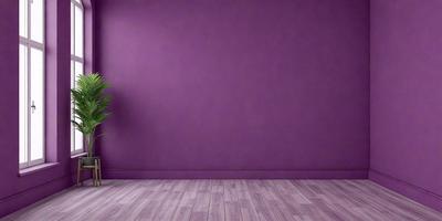 The primary subject of the image is a potted plant placed against a purple wall. The setting is a room with a wooden floor, and the visual style appears to be a photo. The dominant colors in the image are purple and green, creating a calm and serene atmosphere.