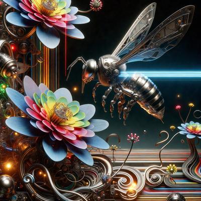 The primary subject of the image is a large, metallic bee with a silver body and wings. The bee is surrounded by a vibrant and colorful environment, featuring a variety of flowers and other insects. The setting appears to be a futuristic, artistic, and imaginative space. The visual style of the image is a combination of digital art and illustration, creating a unique and captivating scene. The colors and mood of the image are lively and energetic, with a strong