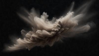 The primary subject of the image is a cloud of smoke or dust, which is the main object, scene, or focus of the image. The setting is a dark background, which contrasts with the smoke or dust. The visual style is a black and white photo, illustration, or drawing. The colors and mood are dark and moody, with the smoke or dust creating a dramatic and mysterious atmosphere.