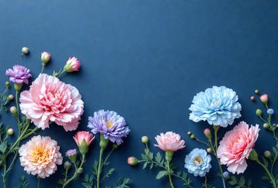 The primary subject of the image is a bouquet of colorful flowers, including pink, purple, blue, and yellow, arranged in a visually appealing manner. The flowers are placed against a blue background, which adds a sense of depth and contrast to the scene. The visual style of the image is a close-up of the flowers, showcasing their vibrant colors and intricate details. The overall atmosphere of the image is lively and cheerful, with the flowers serving as a focal point and a source