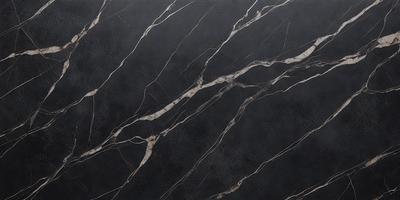 The primary subject of the image is a black marble countertop with a pattern of white streaks. The setting is a kitchen, and the visual style is a close-up of the marble countertop. The colors and mood of the image are predominantly black and white, giving it a sleek and modern appearance.