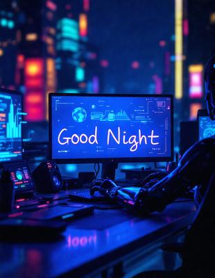 The primary subject of the image is a computer monitor displaying the words "Good Night." The setting is a dark room with a desk and a keyboard in front of the monitor. The visual style is a digital art, and the colors and mood are predominantly blue, creating a calm and relaxing atmosphere.