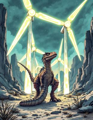 Primary subject: Dinosaur
Setting/background: A rocky landscape with windmills in the background
Visual style: Digital art
Colors and mood: The image is in black and white, giving it a dramatic and moody atmosphere.