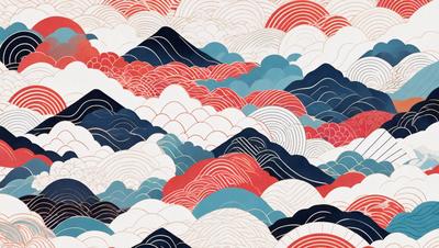The primary subject of the image is a mountainous landscape with a red and blue color scheme. The setting is a cloudy sky, and the visual style appears to be a combination of digital art and illustration. The dominant colors are red and blue, creating a vibrant and lively atmosphere.