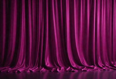 The primary subject of the image is a purple curtain, which is the main object, scene, or focus of the image. The setting/background consists of a stage or theater, with the curtain hanging down. The visual style is a photo, and the colors and mood are predominantly purple, creating a dramatic and theatrical atmosphere.