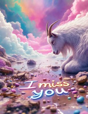 The primary subject of the image is a goat, which is sitting on a rock near a body of water. The goat appears to be looking at the camera. The setting is a colorful, whimsical environment with a pink and purple sky, and the visual style is a digital art or illustration. The colors and mood of the image are vibrant and cheerful, creating a playful and imaginative atmosphere.