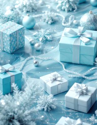 The primary subject of the image is a collection of Christmas presents, including a blue gift and a white gift, placed on a blue background. The setting appears to be a winter scene, with snowflakes and a snowy surface visible in the background. The visual style of the image is a combination of photo and digital art, creating a festive and holiday atmosphere. The dominant colors in the image are blue and white, with the blue gift and white gift being the most prominent.