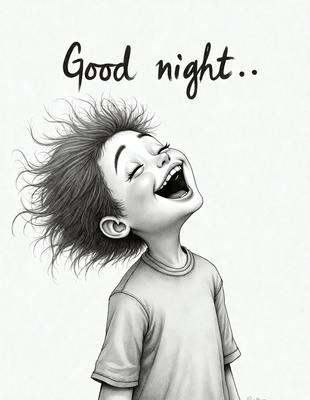 The primary subject of the image is a young boy with curly hair, who is smiling and laughing. He is wearing a grey shirt. The setting is a white background, which provides a clean and simple backdrop for the boy's expression. The visual style is a hand-drawn illustration, giving the image a unique and artistic touch. The colors are predominantly shades of grey and white, creating a calm and lighthearted atmosphere.