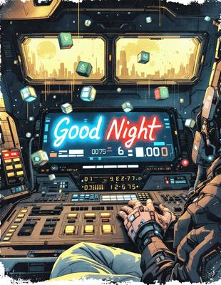 Good Night: [the main object, scene, or focus of the image is a computer screen displaying the words "Good Night" in a neon-like font, with a cityscape in the background.]

Setting/background: [the environment, backdrop, or surface visible is a futuristic cityscape, with a space station in the background.]

Visual style: [the image is a digital art or illustration.]

Colors and mood: [the dominant colors are neon-like sh