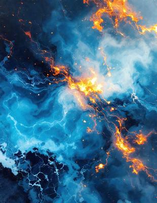 Primary subject: A blue and orange nebula with bright streaks of light.

Setting/background: The background is a dark blue sky with a few stars visible.

Visual style: The image is a digital art piece, featuring a vibrant and colorful nebula.

Colors and mood: The dominant colors are blue and orange, creating a lively and energetic atmosphere.