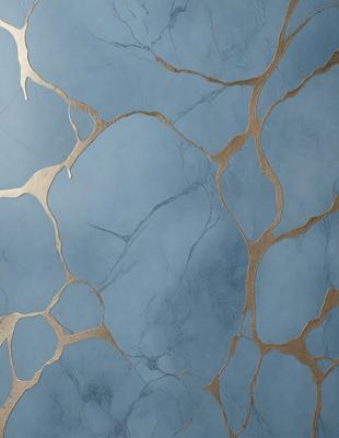 The primary subject of the image is a blue marble wall with a pattern of gold circles. The setting is a room with a blue marble wall as the main focus. The visual style is a combination of a photo and digital art, creating a unique and intricate design. The dominant colors are blue and gold, giving the wall a luxurious and elegant appearance.