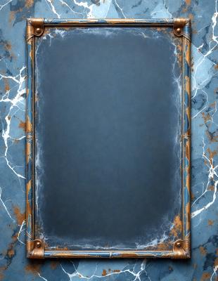 The primary subject of the image is a blue frame with a blue background. The setting is a wall with a marble texture, and the visual style is a combination of a photo and digital art. The colors are predominantly blue, and the overall atmosphere is calm and serene.
