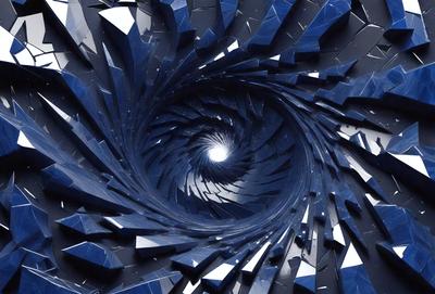 The primary subject of the image is a spiral or vortex, which is a central element in the scene. The spiral is surrounded by a blue background, giving it a striking visual effect. The visual style of the image is digital art, as it appears to be a computer-generated or manipulated image. The dominant colors in the image are blue and black, creating a sense of depth and intrigue.
