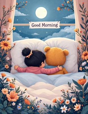The primary subject of the image is a little girl and a teddy bear lying in bed together. The setting is a cozy bedroom with a white bed and a nightstand. The visual style is a beautifully illustrated scene, with the girl and the teddy bear depicted in a warm and inviting manner. The colors and mood of the image are predominantly warm and comforting, with the bed and the teddy bear being the main focus of the scene.