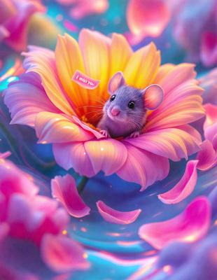 The primary subject of the image is a small mouse sitting inside a pink flower. The setting is a vase filled with pink flowers, creating a beautiful and colorful background. The visual style is a combination of photo and digital art, as the mouse appears to be a part of the flower, and the overall atmosphere is one of warmth and charm.