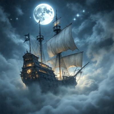 The primary subject of the image is a large sailing ship with a full moon in the background. The ship is floating on a cloudy night, creating a dramatic and atmospheric scene. The visual style of the image is digital art, with the ship and moon being the main focus of the composition. The colors and mood of the image are predominantly dark and moody, with the cloudy night and the full moon adding to the overall ambiance.