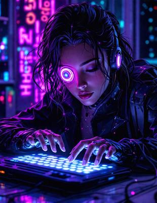 The primary subject of the image is a woman with glowing eyes, wearing a black jacket and headphones, sitting in front of a computer keyboard. She appears to be typing or using the keyboard. The setting is a room with a computer desk, and the visual style is a digital art or illustration. The colors and mood of the image are predominantly dark and mysterious, with the glowing eyes adding a touch of intrigue.